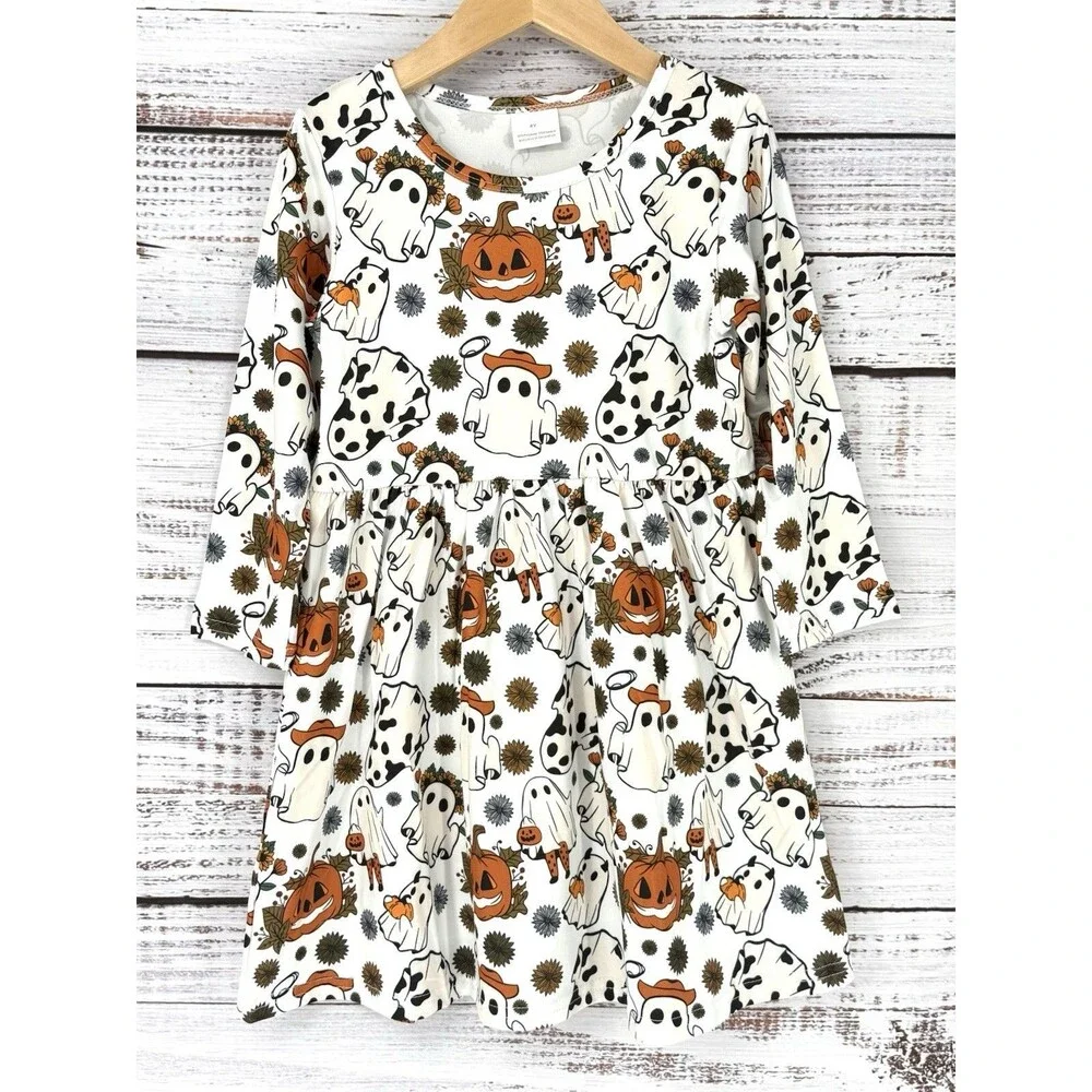 Halloween Ghost Pumpkin Disco Cowgirl Long Sleeve Dress Western Girls‎ 5t 5Y